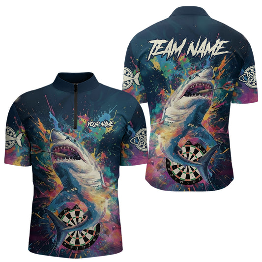 Personalisiertes, mehrfarbiges Farbspritzer-Shark Herren Darts Quarter-Zip League Shirt - Lustiges Dart-Trikot NYN2217