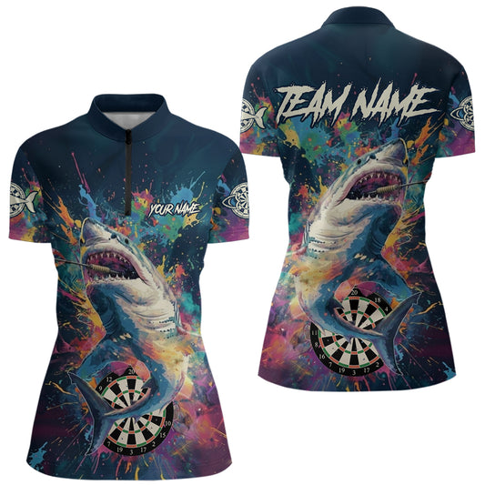 Personalisiertes, mehrfarbiges Farbspritzer-Shark Damen Darts Quarter-Zip League Shirt - Lustiges Dart-Trikot NYN2217