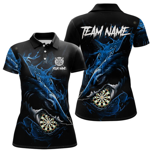 Personalisiertes blaues Horror-Hai Damen Darts Polo League Shirt - Lustiges Grunge Dart-Trikot NYN2218