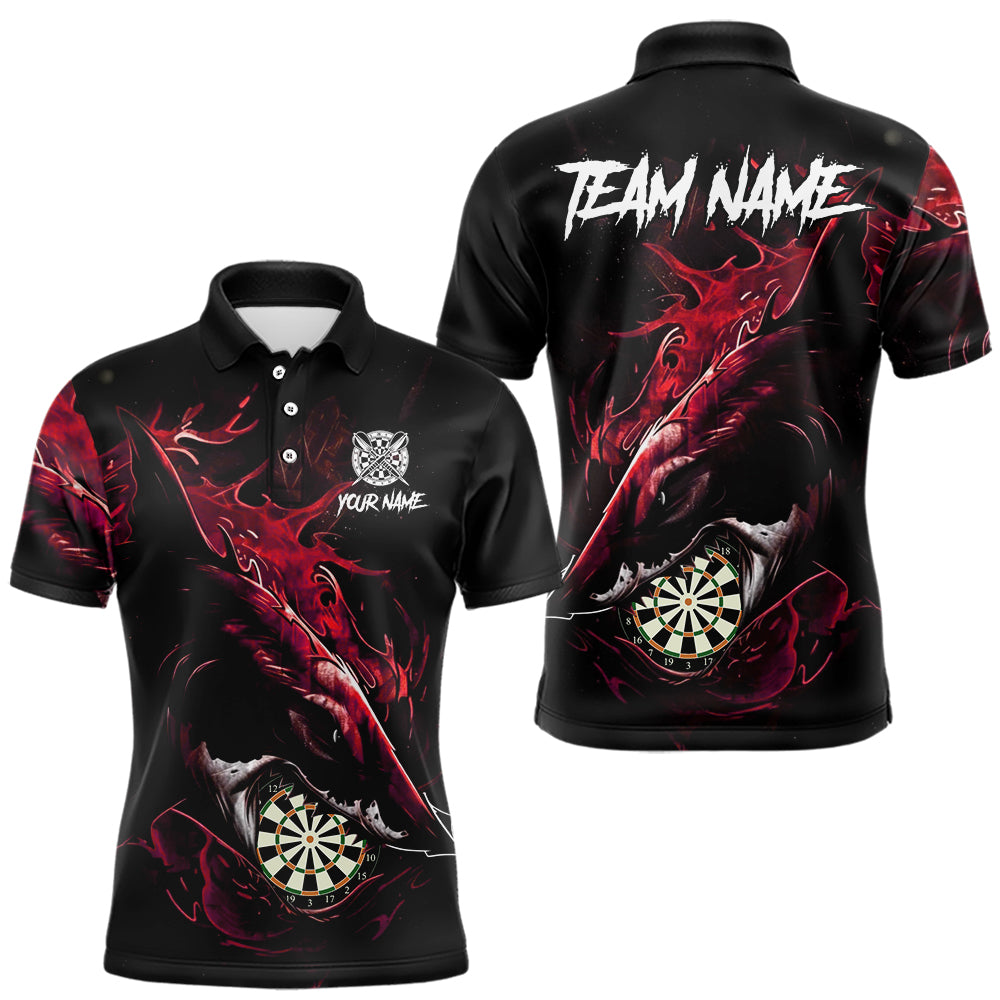 Personalisiertes rotes Horror-Hai Herren Darts Polo League Shirt - Lustiges Grunge Dart-Trikot NYN2219