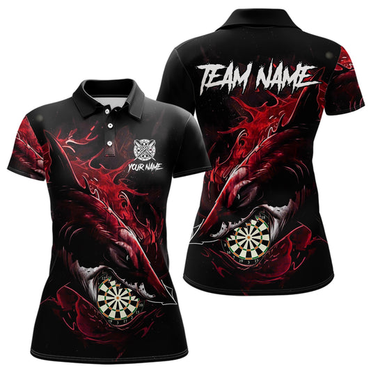 Personalisiertes rotes Horror-Hai Damen Darts Polo League Shirt - Lustiges Grunge Dart-Trikot NYN2219