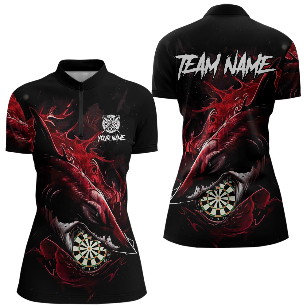 Personalisiertes rotes Horror-Hai Damen Darts Quarter-Zip League Shirt - Lustiges Grunge Dart-Trikot NYN2219