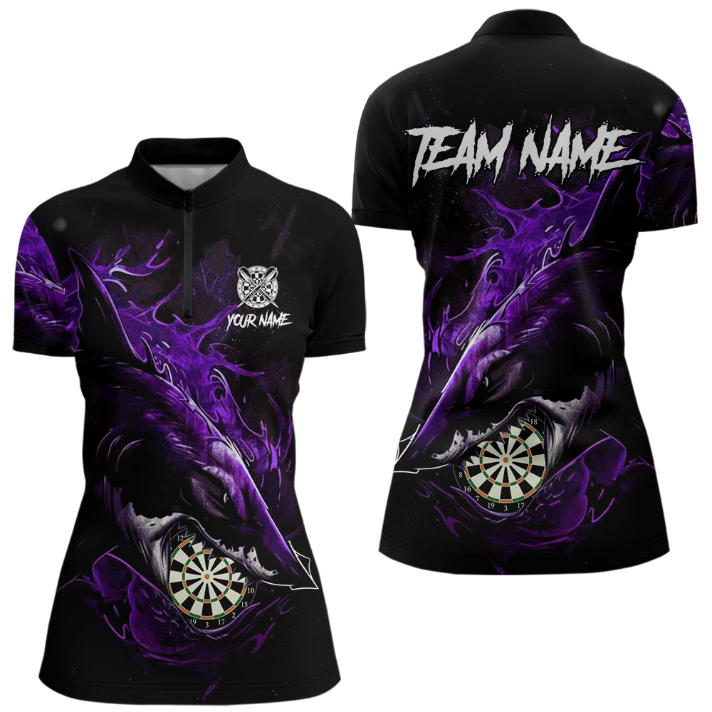 Personalisiertes violettes Horror-Hai Damen Darts Quarter-Zip League Shirt - Lustiges Grunge Dart-Trikot NYN2220