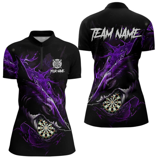 Personalisiertes violettes Horror-Hai Damen Darts Quarter-Zip League Shirt - Lustiges Grunge Dart-Trikot NYN2220