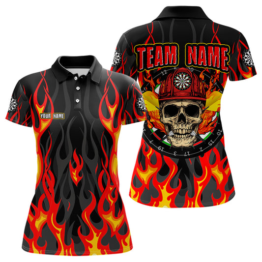 Personalisiertes Totenkopf Feuerwehrmann in Flammen Custom Darts Shirt für Damen, Dart Team Shirts NYN0003