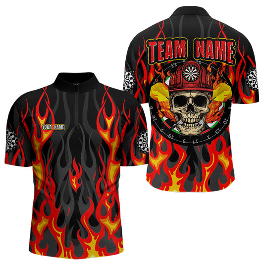 Personalisiertes Schädel Feuerwehrmann in Flammen Individuelles 1/4-Zip Dart Shirt für Herren, Dart Team Shirt NYN0003