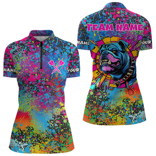 Individuelles Buntes Bulldogge Lustiges Dart 1/4-Zip Shirt für Damen, Dart Trikots NYN0007