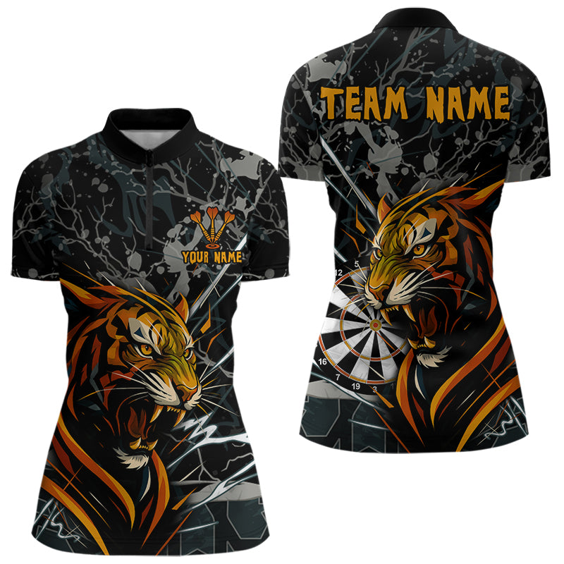 Individuelles Damen 1/4-Zip Dart Team Shirt Wilder Tiger & Dartboard, Personalisierter Name & Team NYN0334