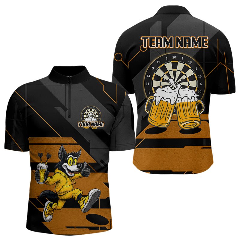 Wolf spielt Darts & Bier Lustiges individuelles 1/4-Zip-Dartshirt für Herren, Dart-Teamtrikots NYN0797