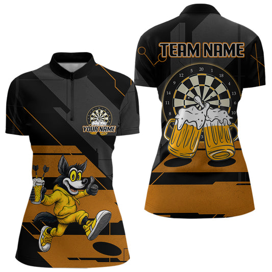 Wolf spielt Darts & Bier Lustiges individuelles 1/4-Zip-Dartshirt für Damen, Dart-Teamtrikots NYN0797