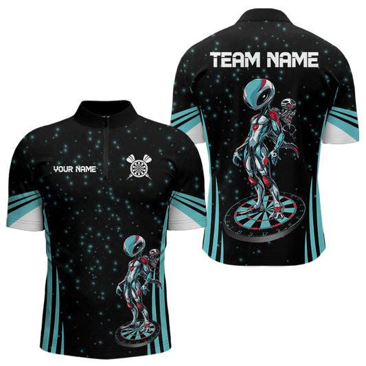 Individuelles Türkises Alien und Dartboards 1/4-Zip Dart Shirt für Herren, Dart Trikots NYN0027