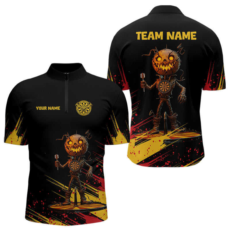 Kundenspezifisches Kürbis-Skelett Halloween Lustiges 1/4-Zip-Dartshirt für Herren, Dart-Teamtrikots NYN0030