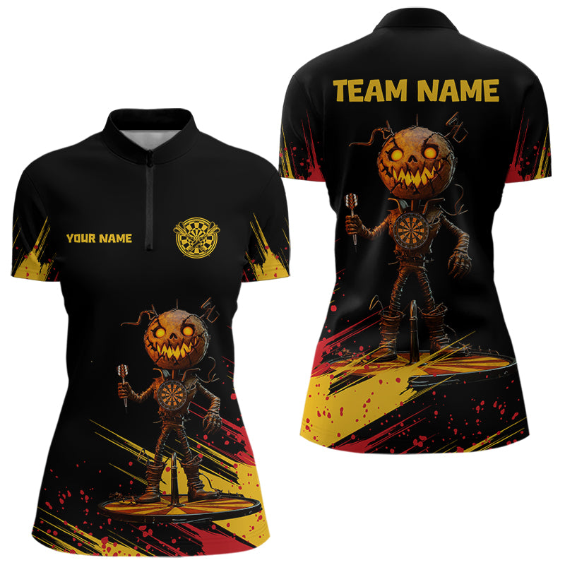 Kundenspezifisches Kürbis-Skelett Halloween Lustiges 1/4-Zip-Dartshirt für Damen, Dart-Teamtrikots NYN0030