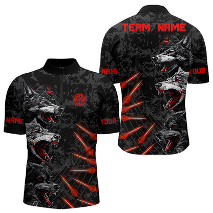 Herren-Dartshirts mit schwarzen und roten Wölfen und Dartpfeilen – personalisierte Darttrikots, Modell NYN0032