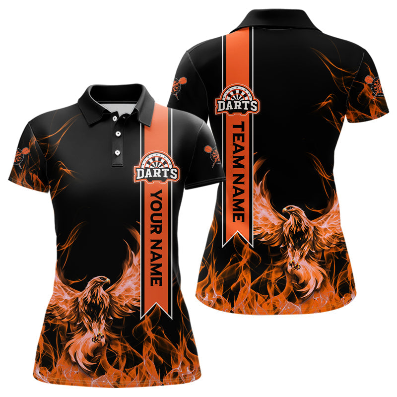 Orange Flammen, Adler mit individuellem Namen im Band, Dartshirts für Damen, Teamtrikots NYN0069