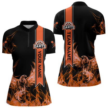 Orange Flammen, Adler mit individuellem Namen im Band, Dartshirts für Damen, Teamtrikots NYN0069