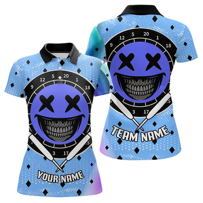Lachendes Gesicht im Dartboard-Stil, witzige blaue Dartshirts für Damen, Teamtrikots NYN0084