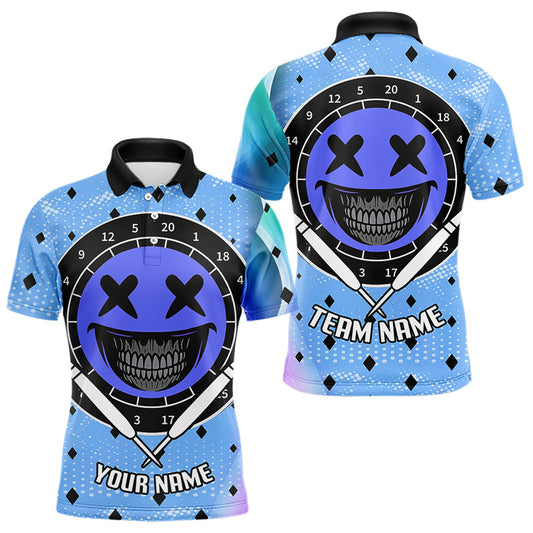 Lachgesicht-Dartboard Lustige Blaue Dartshirts für Herren, Personalisierte Teamtrikots NYN0084