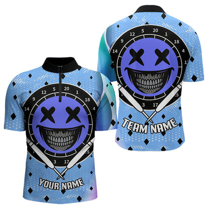 Lachgesicht-Dartboard Lustige Blaue Dartshirts für Herren, Personalisierte Teamtrikots NYN0084
