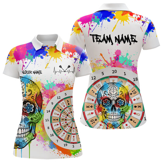 Individuell gestaltetes, buntes Farbspritzer-Karten-Dartboard Damen Darts Polo Team Shirt – Lustiges Dart-Trikot | Weiß NYN2211