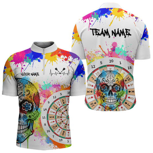 Individuell gestaltetes, buntes Farbspritzer-Karten-Dartboard Herren Darts Quarter-Zip Team Shirt – Lustiges Dart-Trikot | Weiß NYN2211