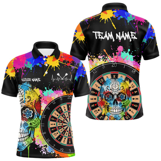 Individuell gestaltetes, buntes Farbspritzer-Karten-Dartboard Herren Darts Polo Team Shirt – Lustiges Dart-Trikot | Schwarz NYN2212