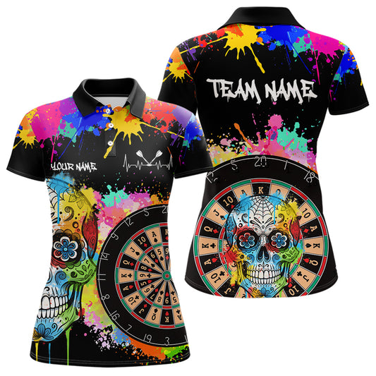 Individuell gestaltetes, buntes Farbspritzer-Karten-Dartboard Damen Darts Polo Team Shirt – Lustiges Dart-Trikot | Schwarz NYN2212