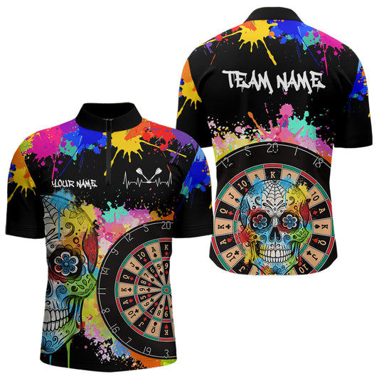 Individuell gestaltetes, buntes Farbspritzer-Karten-Dartboard Herren Darts Quarter-Zip Team Shirt – Lustiges Dart-Trikot | Schwarz NYN2212