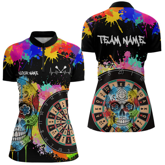 Individuell gestaltetes, buntes Farbspritzer-Karten-Dartboard Damen Darts Quarter-Zip Team Shirt – Lustiges Dart-Trikot | Schwarz NYN2212