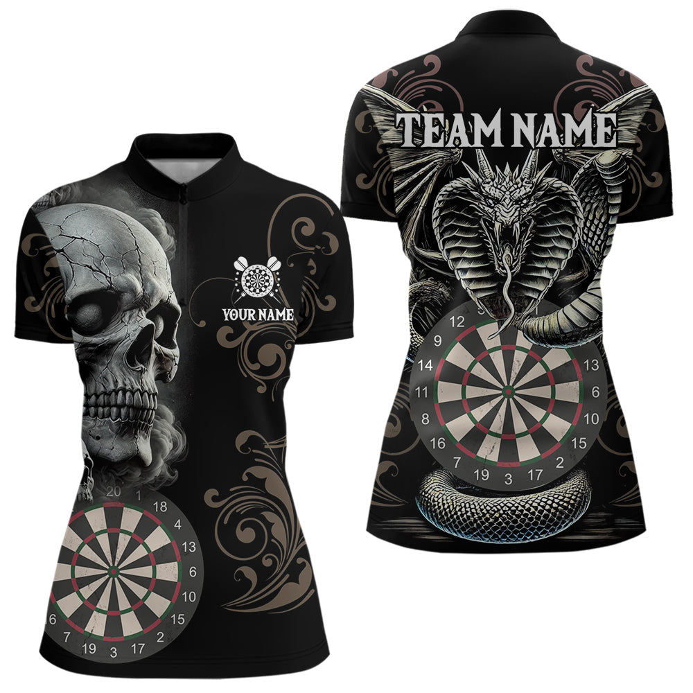Personalisierter grauer Schädel-Drache Polo & 1/4-Zip Dartshirts für Damen, Darttrikots NYN0012