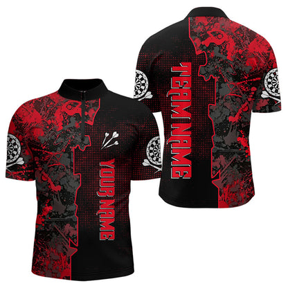 Schwarz-rotes Grunge-Dartboard mit individuellem Namen, Dartshirts für Herren, Darttrikots NYN0066