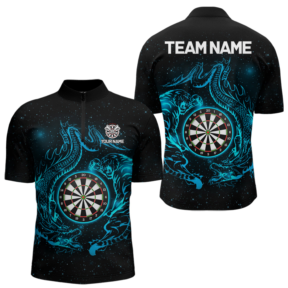 Individuell gestaltetes Tiger & Drachen-blaues Dartboard Herren Darts Quarter-Zip League Shirt - Lustiges Dart-Trikot NYN2216