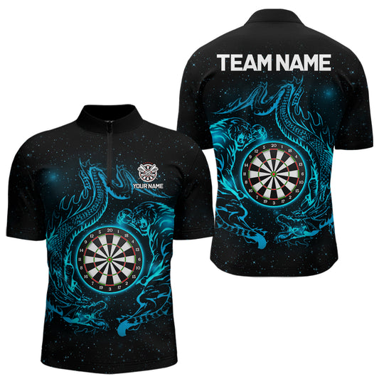 Individuell gestaltetes Tiger & Drachen-blaues Dartboard Herren Darts Quarter-Zip League Shirt - Lustiges Dart-Trikot NYN2216