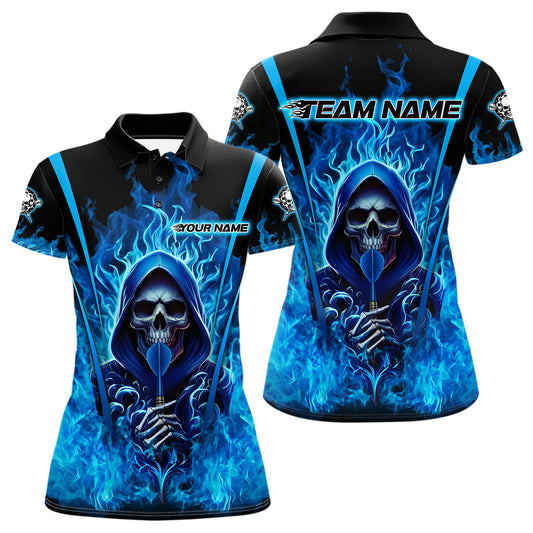 Personalisiertes blaues Flammen-Sensenmann-Dartboard Damen-Darts-Quarter-Zip-Ligashirt - Dart-Trikot-Outfit NYN2208