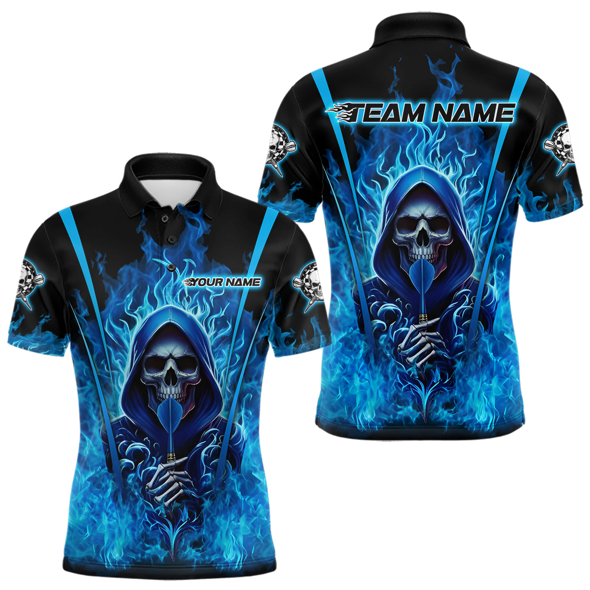 Personalisiertes blaues Flammen-Sensenmann-Dartboard Herren-Darts-Polo-Ligashirt - Dart-Trikot-Outfit NYN2208