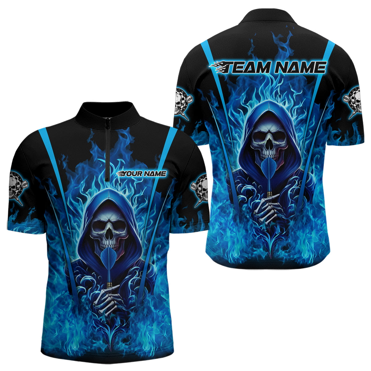 Personalisiertes blaues Flammen-Sensenmann-Dartboard Herren-Darts-Polo-Ligashirt - Dart-Trikot-Outfit NYN2208