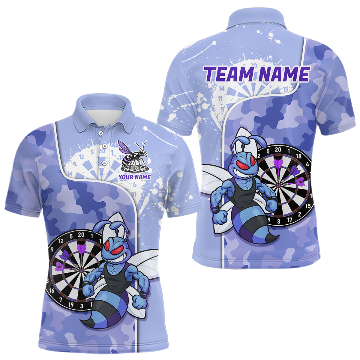 Individuell gestaltetes lustiges Bienen-Lila-Camouflage Herren-Darts-Polo-Ligashirt - Splatter-Dart-Trikot NYN2210