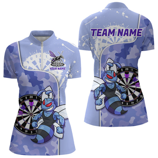 Individuell gestaltetes lustiges Bienen-Lila-Camouflage Damen-Darts-Quarter-Zip-Ligashirt - Splatter-Dart-Trikot NYN2210