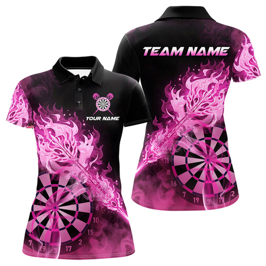 Individuell gestaltetes Darts Polo League Shirt für Damen mit rauchigem rosa Flammen-Dartpfeil – Dart Team Trikot NYN2213