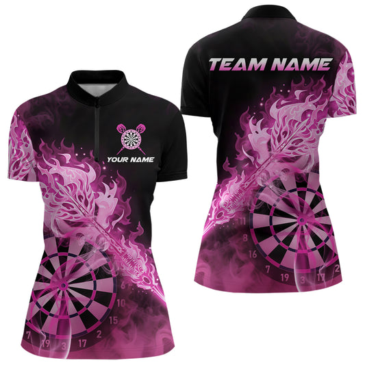 Individuell gestaltetes Darts Quarter-Zip League Shirt für Damen mit rauchigem rosa Flammen-Dartpfeil – Dart Team Trikot NYN2213