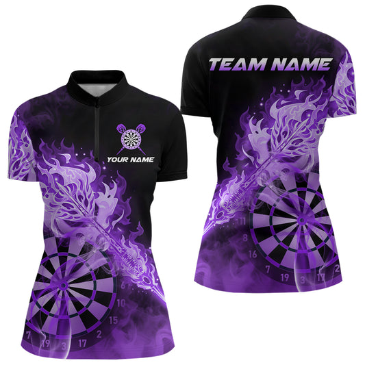 Individuell gestaltetes Darts Quarter-Zip League Shirt für Damen mit rauchigem violettem Flammen-Dartpfeil – Dart Team Trikot NYN2214