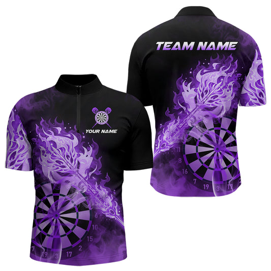 Individuell gestaltetes Darts Quarter-Zip League Shirt für Herren mit rauchigem violettem Flammen-Dartpfeil – Dart Team Trikot NYN2214