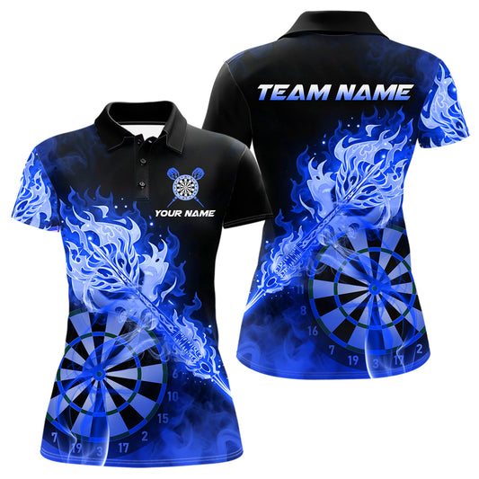 Individuell gestaltetes Darts Polo League Shirt für Damen mit rauchigem blauem Flammen-Dartpfeil – Dart Team Trikot NYN2215