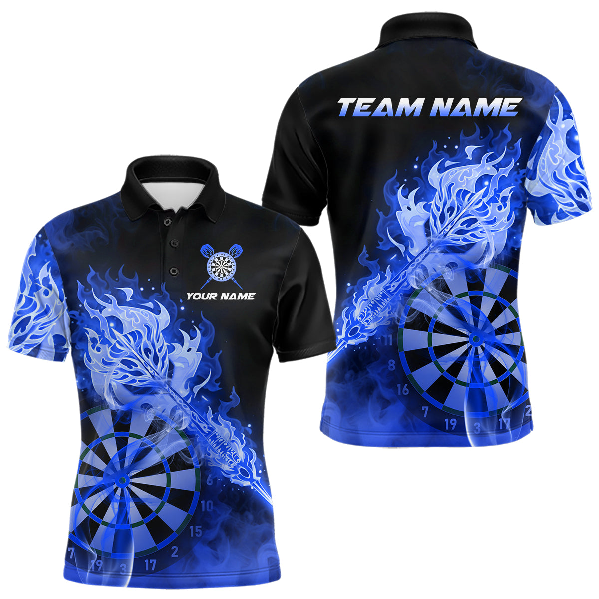 Individuell gestaltetes Darts Polo League Shirt für Herren mit rauchigem blauem Flammen-Dartpfeil – Dart Team Trikot NYN2215