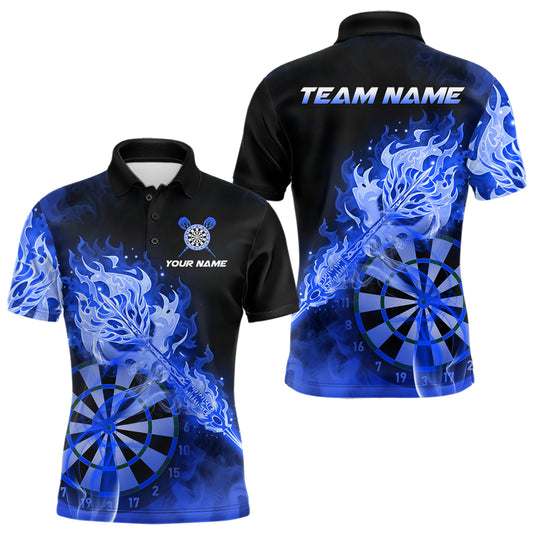 Individuell gestaltetes Darts Polo League Shirt für Herren mit rauchigem blauem Flammen-Dartpfeil – Dart Team Trikot NYN2215