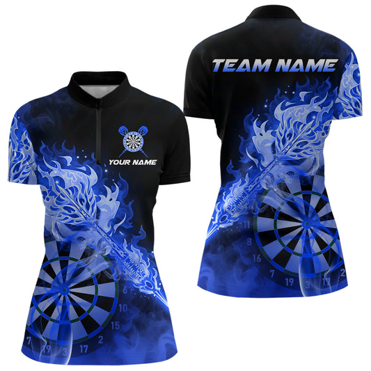 Individuell gestaltetes Darts Quarter-Zip League Shirt für Damen mit rauchigem blauem Flammen-Dartpfeil – Dart Team Trikot NYN2215