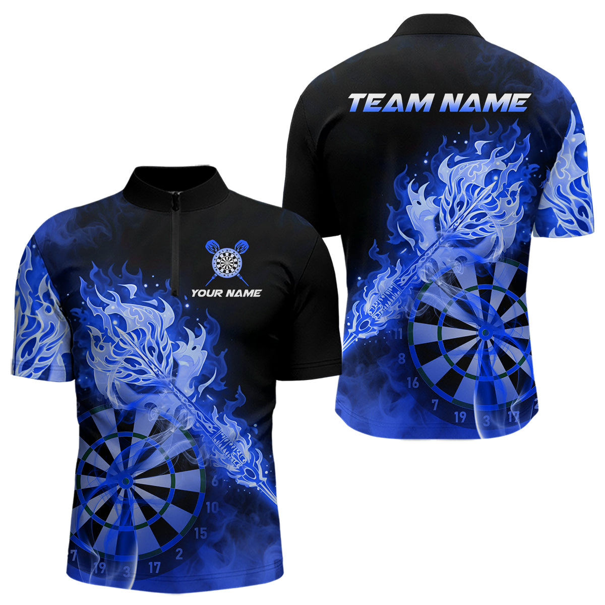 Individuell gestaltetes Darts Quarter-Zip League Shirt für Herren mit rauchigem blauem Flammen-Dartpfeil – Dart Team Trikot NYN2215