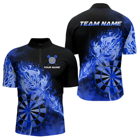 Individuell gestaltetes Darts Quarter-Zip League Shirt für Herren mit rauchigem blauem Flammen-Dartpfeil – Dart Team Trikot NYN2215