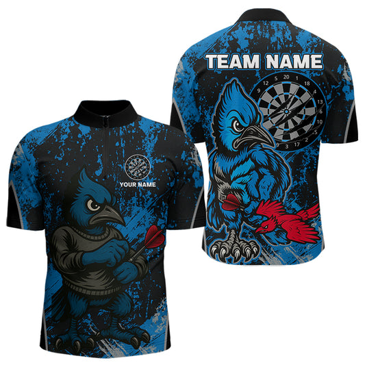 Individuelles Blau-Schwarz Eichelhäher Dartboard Grunge 1/4-Zip-Dartshirt für Herren, Dartspieler-Trikot NYN0530