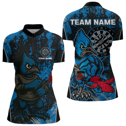 Individuelles Blau-Schwarz Eichelhäher Dartboard Grunge 1/4-Zip -Dartshirt für Damen, Dartspieler-Trikot NYN0530